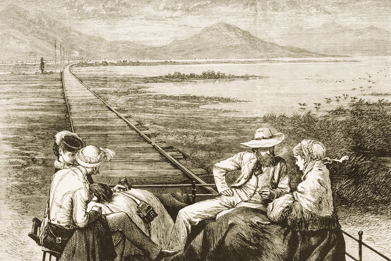 太平洋铁路上的一辆检查车，用于鉴定大盐湖，1880年 作者 塞缪尔·曼宁牧师