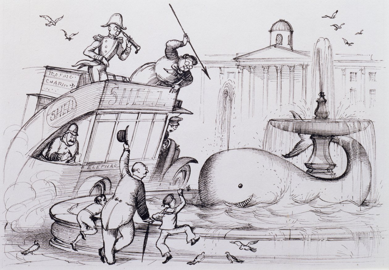 特拉法加广场的一条鲸鱼，c.1930（钢笔墨水） 作者 雷克斯·惠斯勒