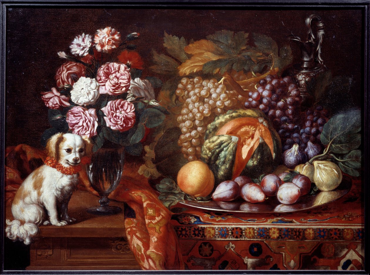 有矮猎犬的静物。Renaud Levieux dit Reynaud Le Vieux（约 1625-1690 年）的画作 作者 雷诺·勒维约
