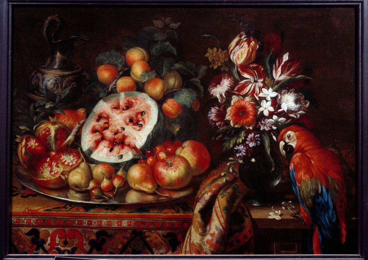 静物与红鹦鹉和水果百香果、梨、桃子和杏。 Reynaud Levieux 的绘画 Reynaud（约 1625-1690 年）17 世纪马赛，美术博物馆 作者 雷诺·勒维约