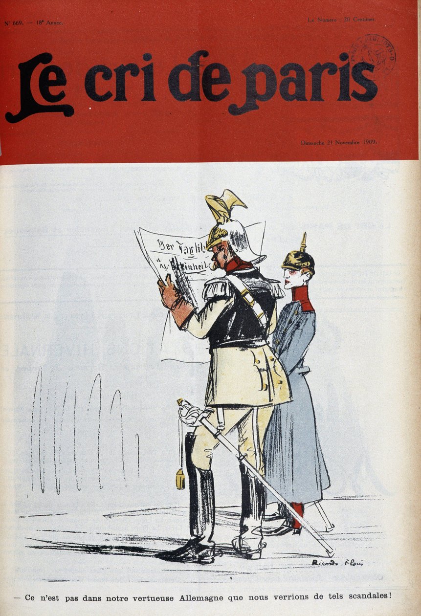 德国皇帝（？）正在阅读一份谴责丑闻（但哪些？）的报纸，作者 Florès-couv。 “Le Cree de Paris”，1909 年 11 月 21 日。 作者 里卡多·弗洛雷斯（Ricardo Flores）