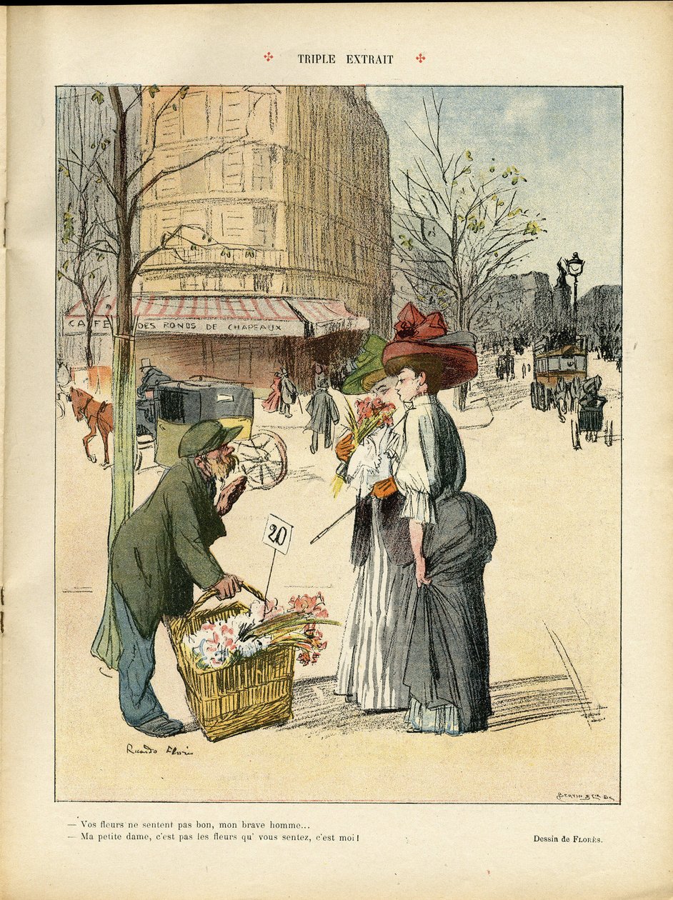 Illustration by Ricardo Flores (1878-1918) in Le Rire, 25/04/08 - Triple excerpt - Architecture Urbanism, Fashion, Hat, Transport, Flowers, Shops 作者 里卡多·弗洛雷斯（Ricardo Flores）