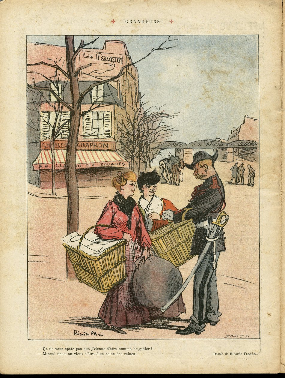 Ricardo Flores (1878-1918)在Le Rire的插图，2008年2月29日 - Grandeurs - 巴黎, Metiers, Architecture Urbanisme, Amour, Shops, Metro - Lavandieres Blanchisseuses 作者 里卡多·弗洛雷斯（Ricardo Flores）