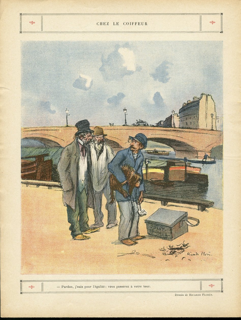 Ricardo Flores (1878-1918)在Le Rire, 05/10/12的插图 - Chez le coiffeur - 巴黎, Metiers, Architecture Urbanisme, Pont, Riviere Fleuve - 狗, 美发师 作者 里卡多·弗洛雷斯（Ricardo Flores）