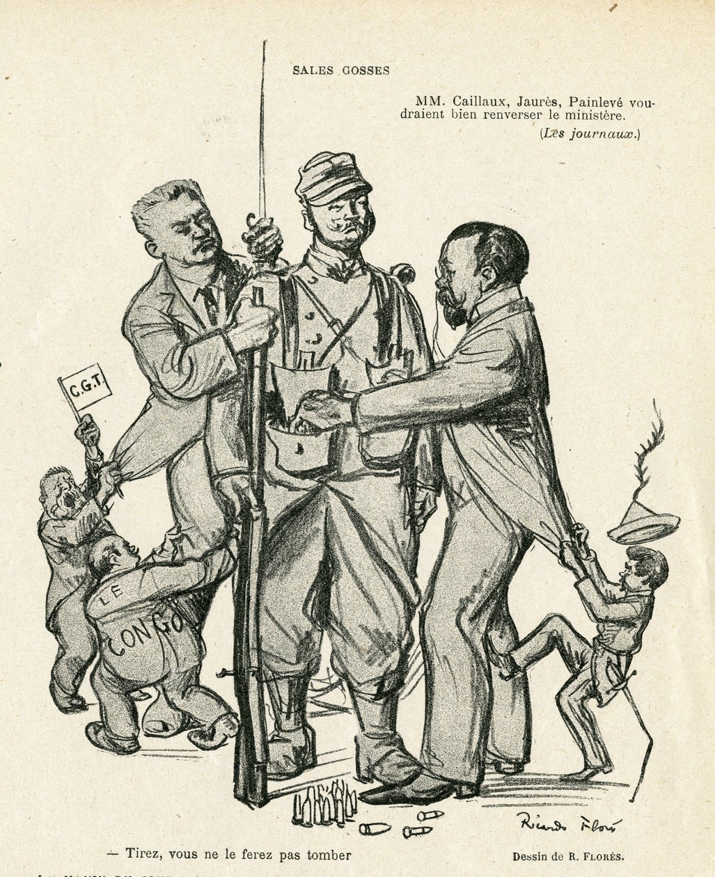 Illustration of Ricardo Flores (1878-1918) in Le Rire, 21/06/13 - Sales kidses - Armee, Military Service, Socialism - Jaures Jean, Caillaux Joseph (1863-1944), Painleve Paul (1863-1933) 作者 里卡多·弗洛雷斯（Ricardo Flores）