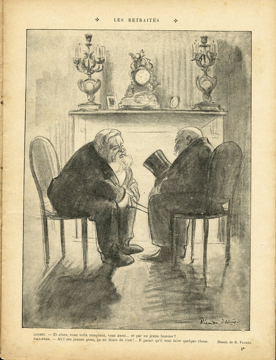 Illustration of Ricardo Flores (1878-1918) in Le Rire, 22/02/13 - Pensions - President of the Republic - Fallieres Armand (1841-1931), Loubet Emile 作者 里卡多·弗洛雷斯（Ricardo Flores）