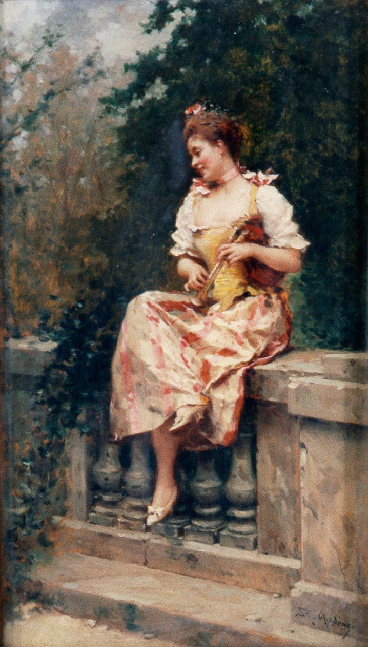 吹长笛的女孩，约 1895 年（木板油画） 作者 里卡多·德·马达拉佐·加雷塔