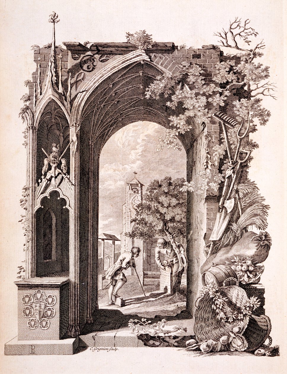 国家墓地的挽歌，来自&39;Tomas Gray的六首诗&39;的插图，出版于1775年 作者 理查德·本特利