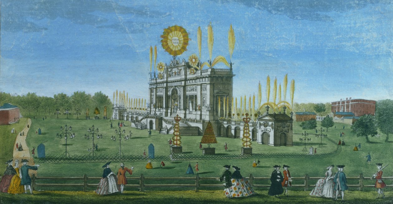 绿色公园烟花建筑的透视图，取自水库，由保罗安吉尔雕刻，1749年 作者 理查德·布鲁克斯