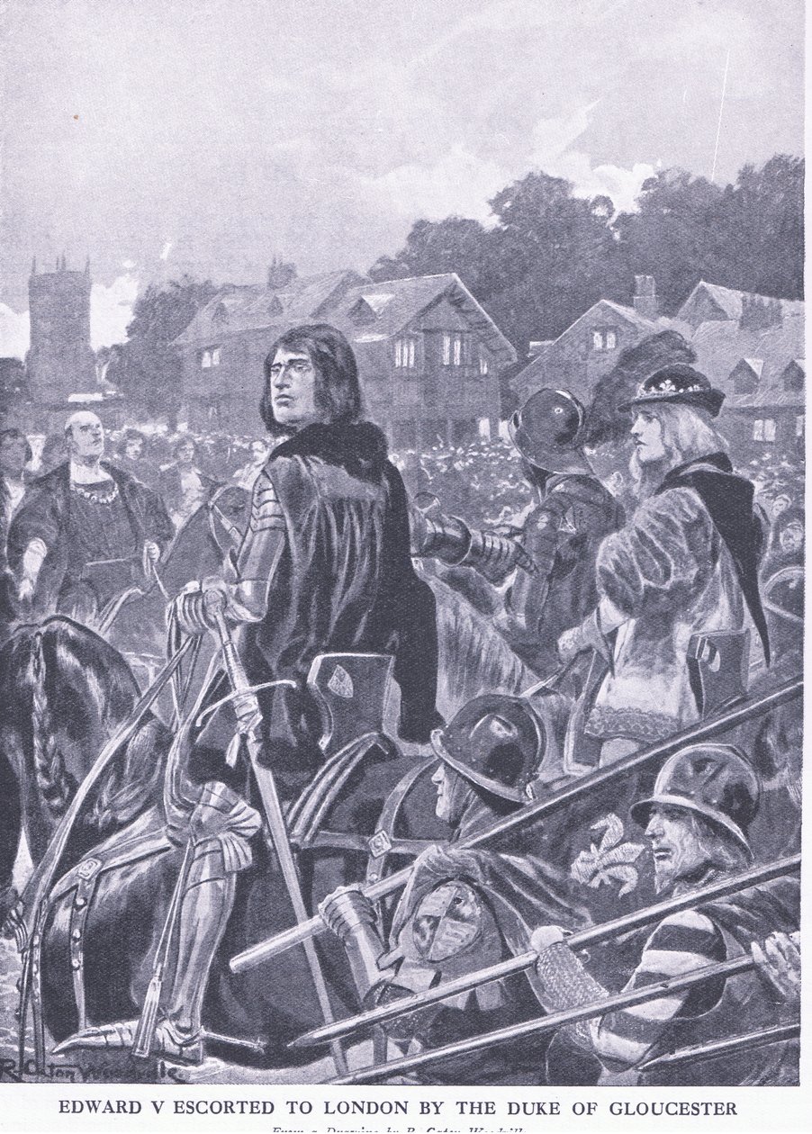 爱德华五世由格洛斯特公爵护送到伦敦，出自Waverley Book Company Limited出版的Cassells英国人史，c.1940 作者 理查德·卡顿·伍德维尔初级