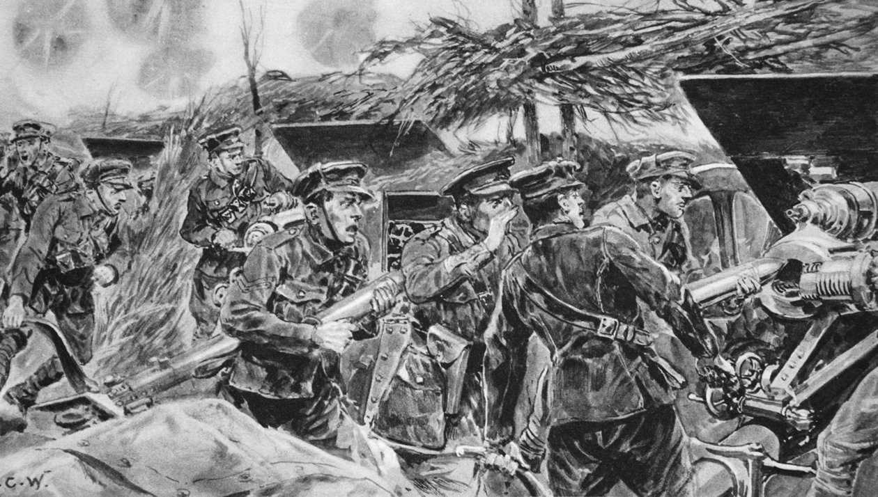 “保持嘴巴张开！” 1916年的“插图战争新闻”中，当枪支处于热门行动时，总是需要一个命令 作者 理查德·卡顿·伍德维尔初级