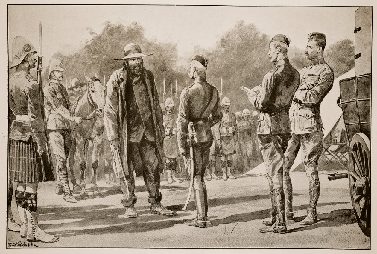 &39;Majuba Day&39;：农民将军Piet Cronje于1900年2月27日在Paardeberg投降罗伯茨勋爵，弗雷德里克维尔斯（1851-1922）的草图 作者 理查德·卡顿·伍德维尔初级