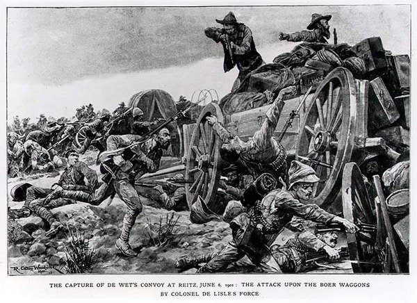 1901年6月6日在Reitz的de Wets Convoy夺取.Le Lisles上校对Boer Wagons的攻击 作者 理查德·卡顿二世·伍德维尔