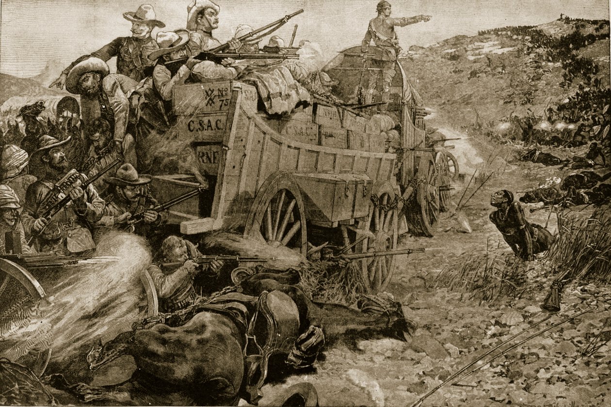 1893年的马塔贝莱战争：11月1日在Imbembezi河上袭击了“懒人车”，1901年的“伦敦新闻画报” 作者 理查德·卡顿·伍德维尔