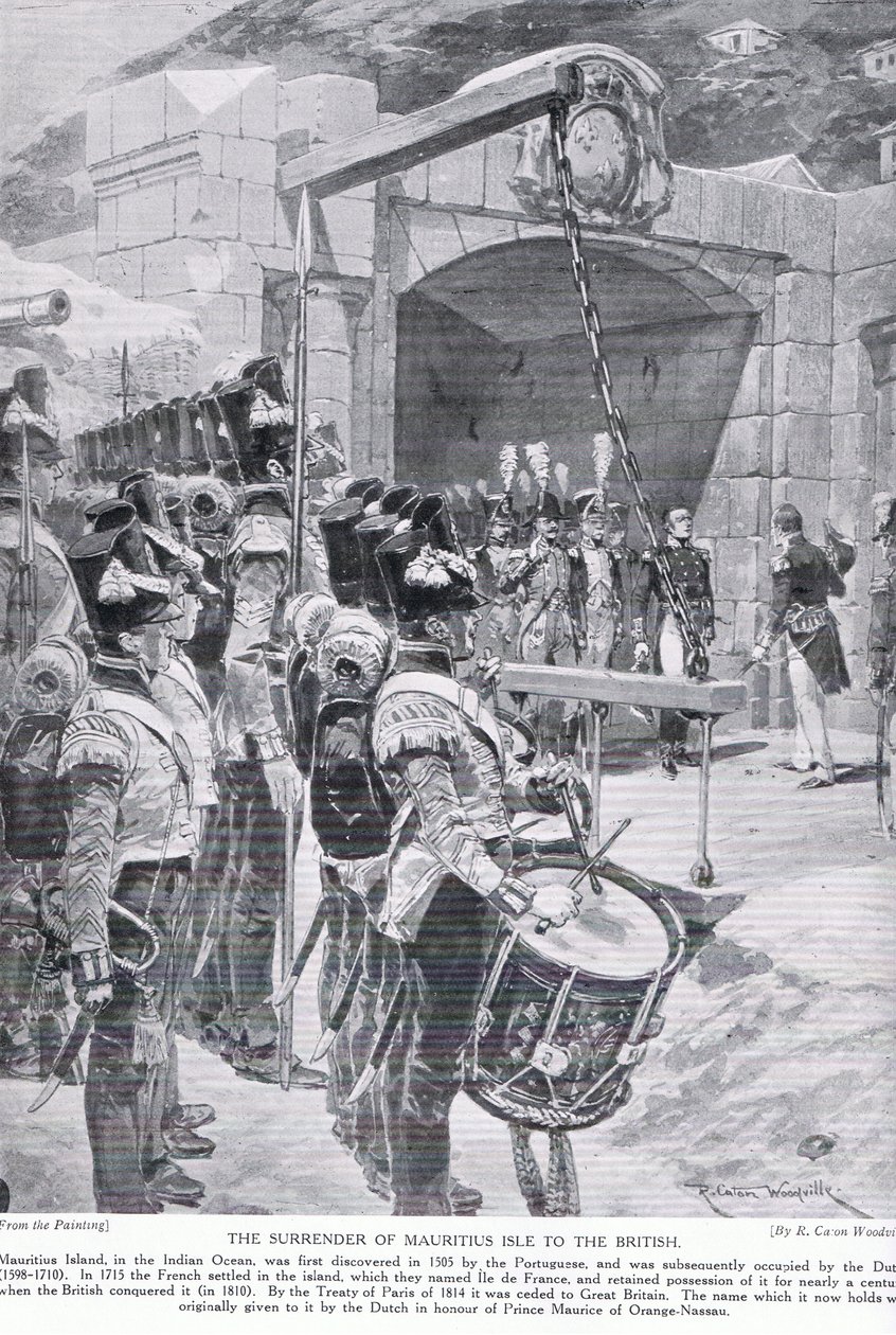 1810年毛里求斯岛向英国投降，插图来自“哈钦森的英国民族故事”， 作者 理查德·卡顿·伍德维尔