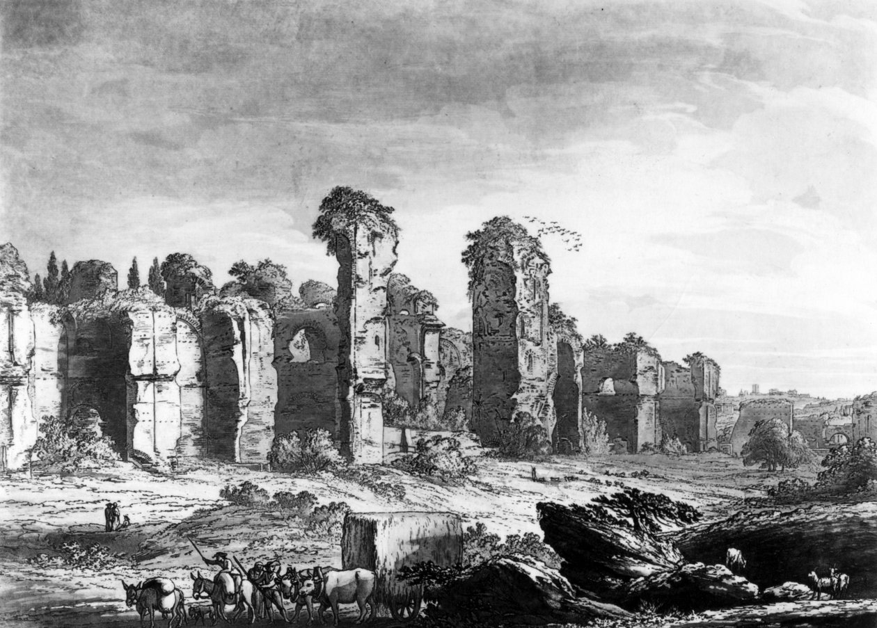 查看卡拉卡拉浴场的遗迹，取自耶稣会花园，罗马，c.1778（aquatint） 作者 库珀长老理查德