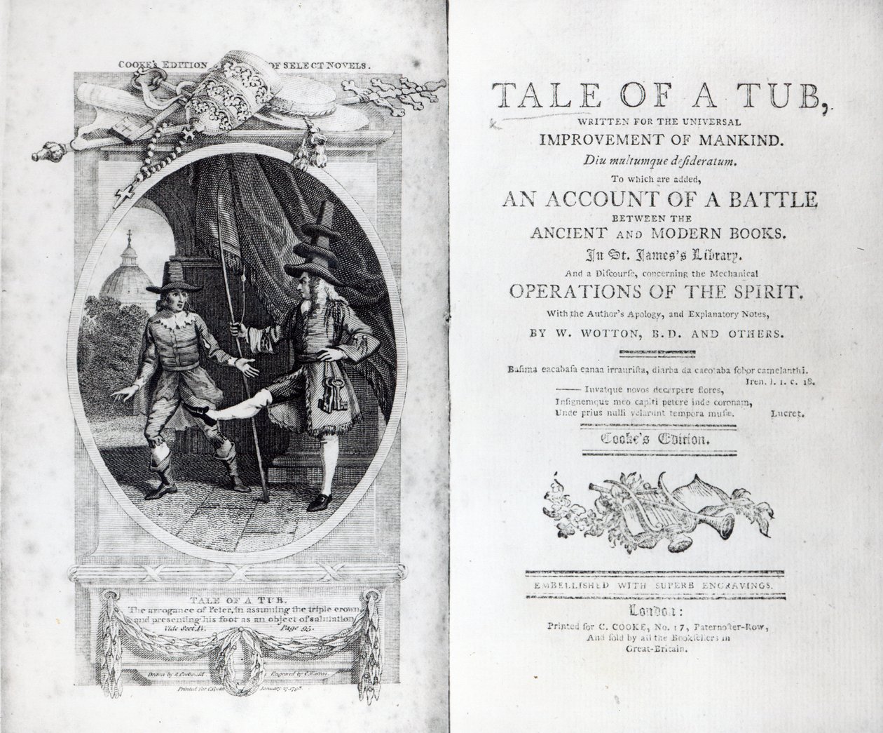 由Jonathan Swift创作的&39;A Tale of a Tub&39;的主题和标题页，由查尔斯沃伦雕刻，1798年 作者 理查德·科博尔德