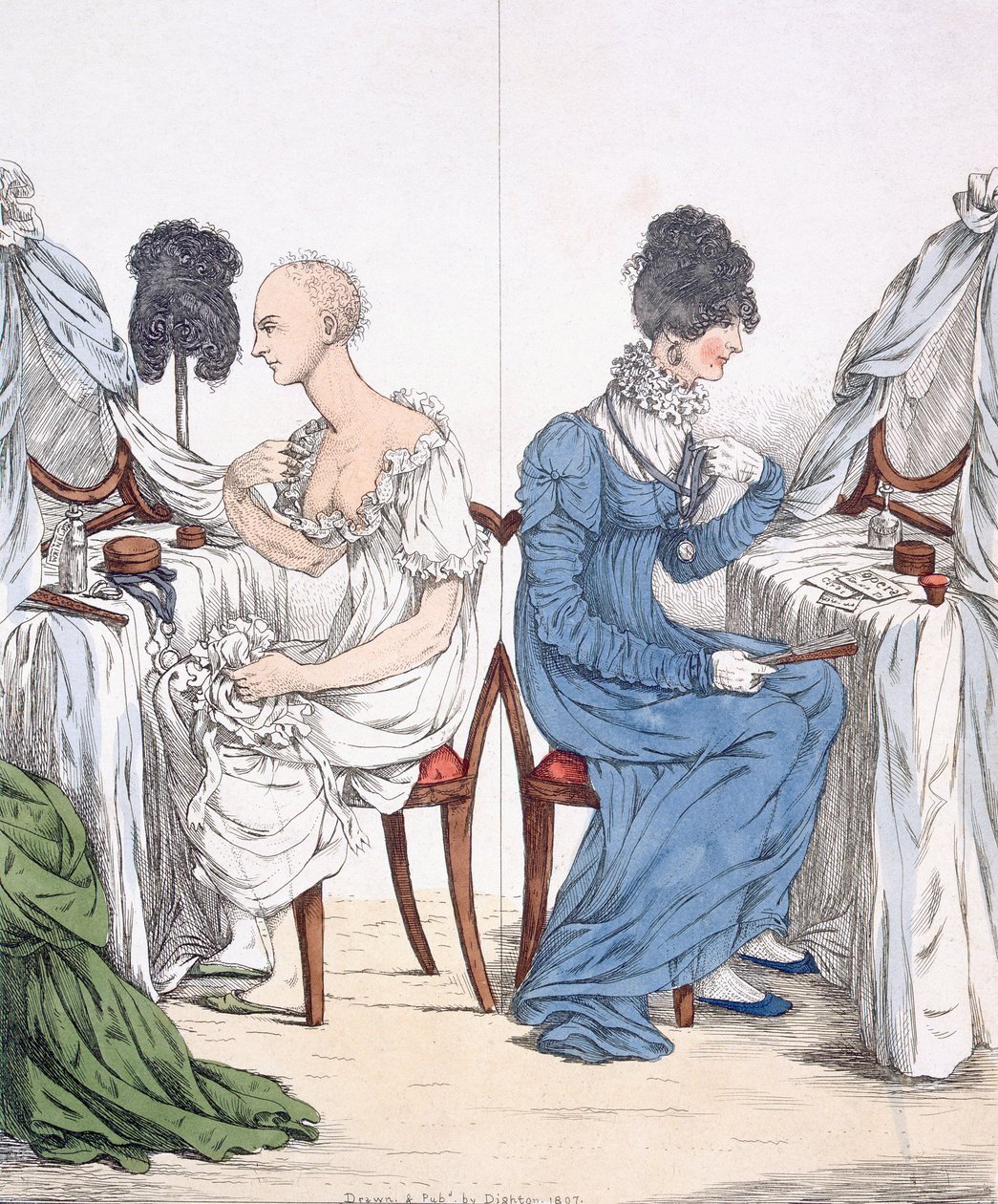 一位时髦的女士，酒吧。 1807（彩色蚀刻）88：没有她的假发和长袍的摄政美女; 作者 理查德·邓顿