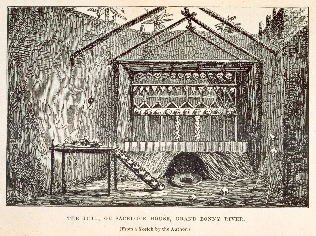 Juju，或Sacrifice House，Grand Bonny River，来自“西非的利物浦，从利物浦到Fernando Po”，由Richard F. Burton，由Tinsley Brothers雕刻，1863年 作者 理查德·弗朗西斯·伯顿