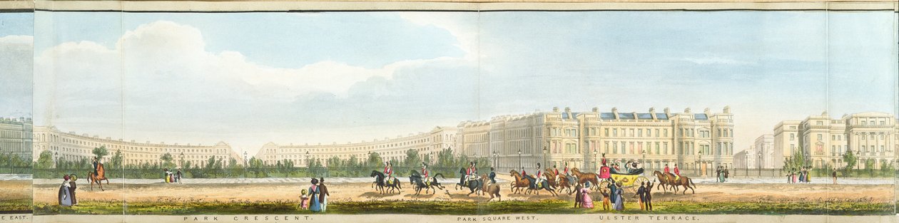 公园新月和阿尔斯特露台，从摄政公园酒吧周围的全景细节。作者：Ackermann，1831（aquatint） 作者 理查德·莫里斯