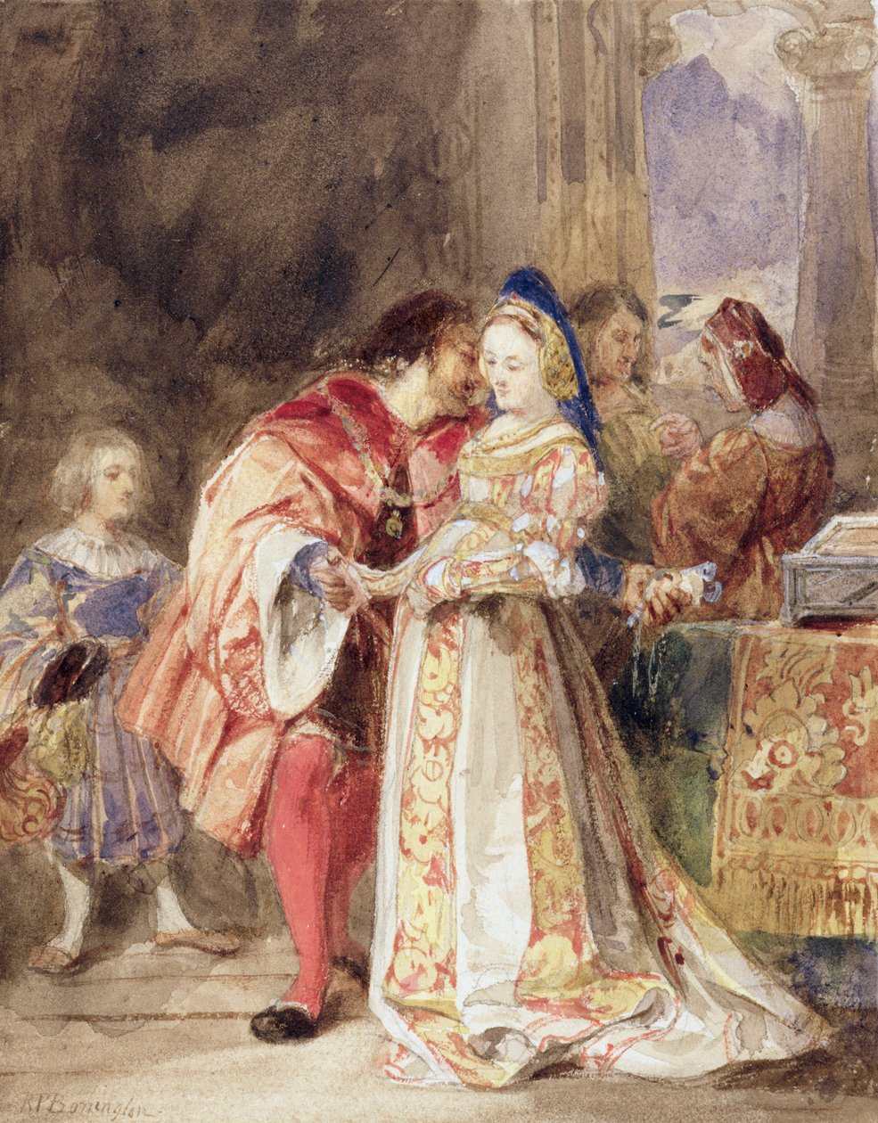 Portia和Bassanio，c.1826（wc，棕色墨水，体色和石墨在纸上） 作者 理查德·帕克斯·博宁顿