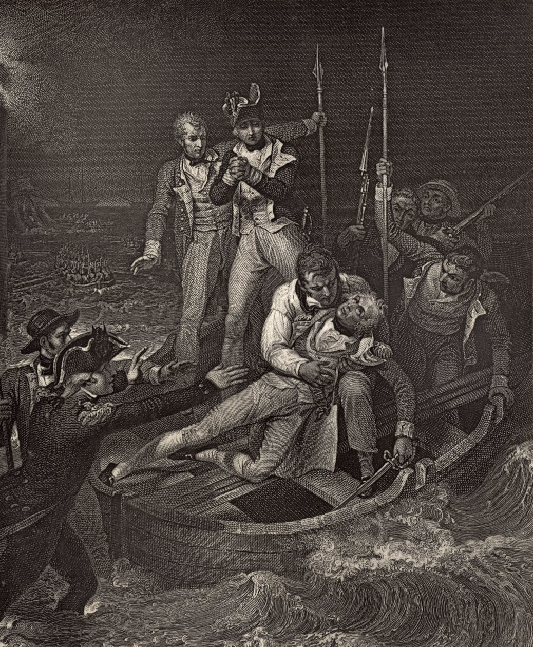 尼尔森于1787年在特内里费受伤，罗伯特·绍西（1774-1843）于1813年首次出版的“纳尔逊的生活”中的插图 作者 理查德·韦斯特尔