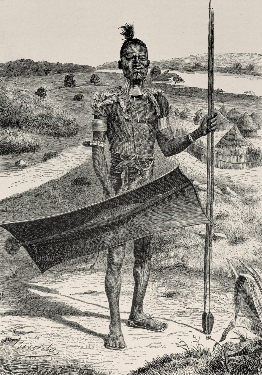 Shuli Warrior设备齐全：背景中的村庄，来自人类历史的Friedrich Ratzel教授，酒吧。在1904年 作者 理查德·布赫塔（Richard Buchta）