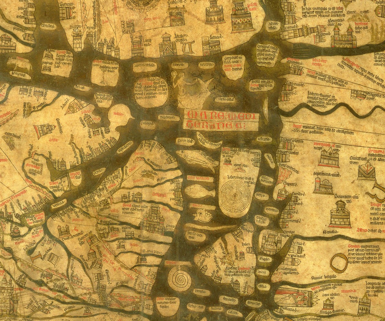 地中海的细节从Mappa Mundi，c.1290 作者 哈丁汉（Raldingham）fl.c. 1260 1305的理查德（Haldingham fl.c. 1260 1305）