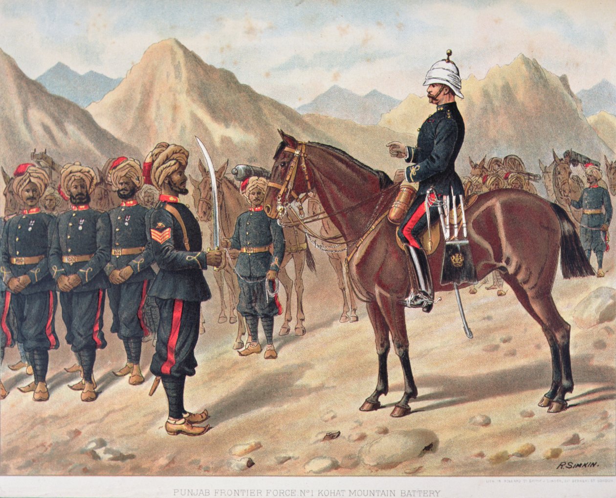 旁遮普省边防部队第1号科哈特山地炮台，19世纪80年代的英印军（彩色平印）。 作者 理查德（后）辛金
