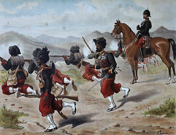 19世纪80年代英印军第20孟买本土步兵野战射击（行军令）（彩色平版印刷）。 作者 理查德（后）辛金