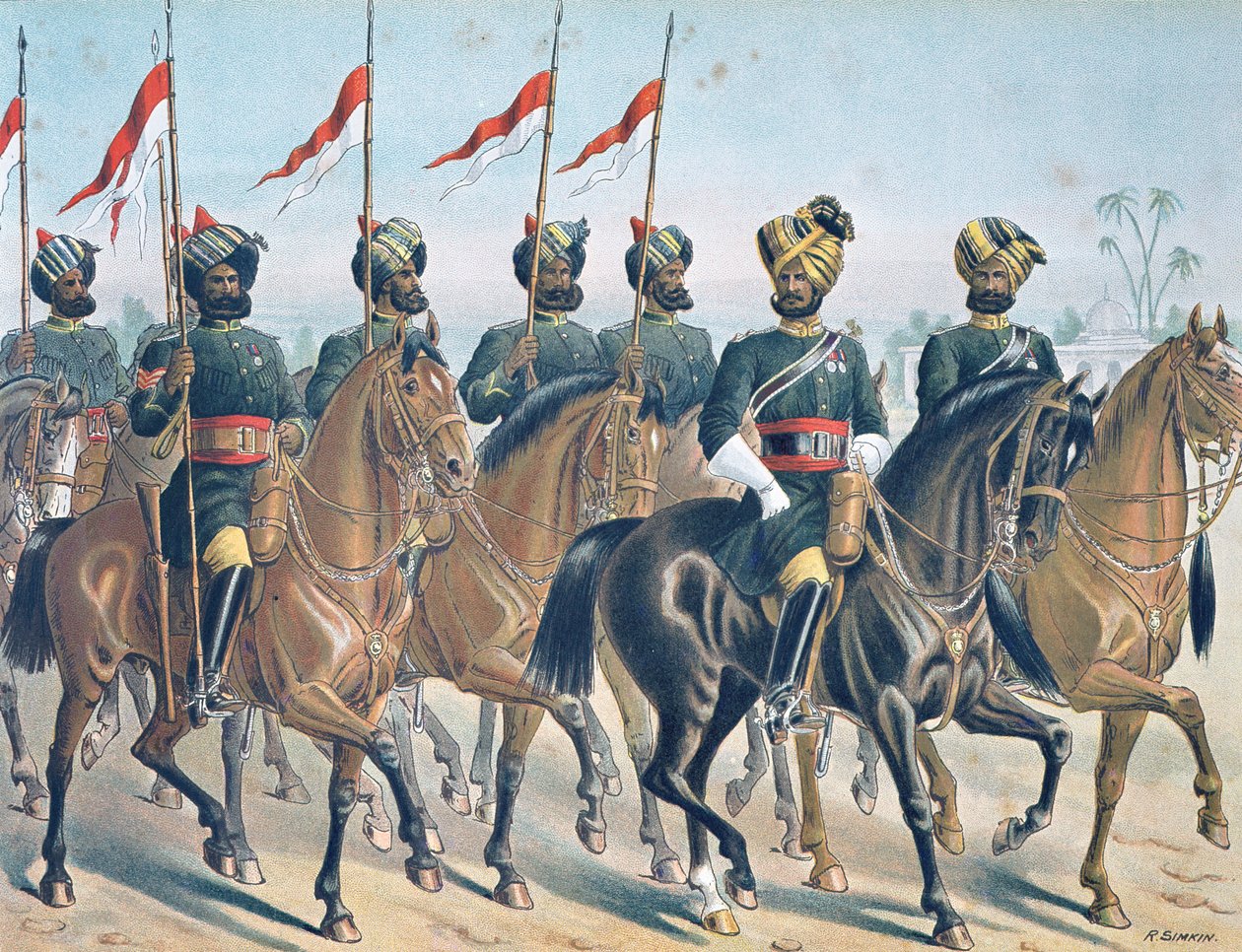 孟买第2骑兵队，检阅顺序，19世纪80年代的英印军（彩色平版印刷）。 作者 理查德（后）辛金