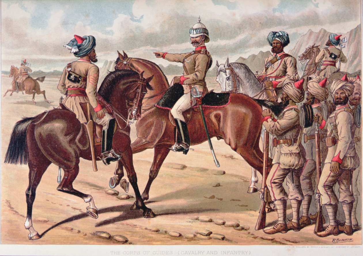 导游团（骑兵和步兵），19世纪80年代的英国-印度军队（彩色平印）。 作者 理查德（后）辛金