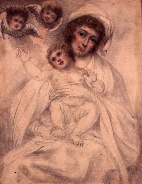母子与小天使》，约1790年（纸上水彩和铅笔）。 作者 Richard (attr. To) Cosway