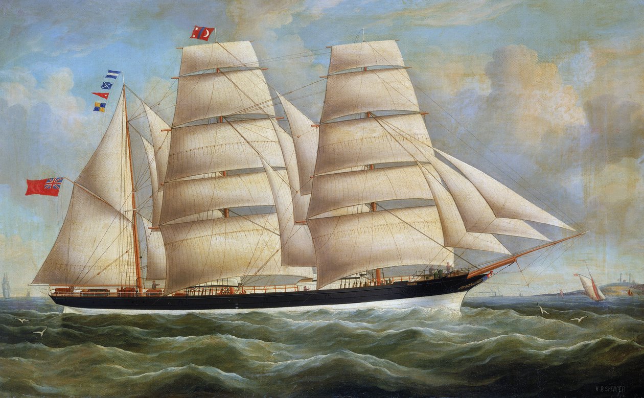 1866 年在格拉斯哥（苏格兰）建造的帆船 "Minero "号，满帆航行。布面油画，作者理查德-B-斯宾塞（？） 作者 理查德·斯宾塞