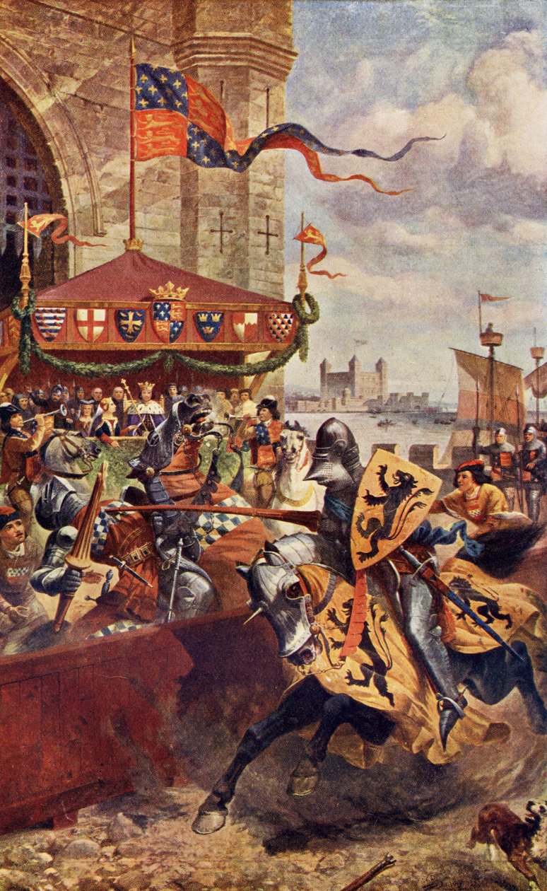 1390年David de Lyndsays和John de Welles勋爵之间伦敦桥上庄严的争斗，来自AR Hope Moncrieff的“浪漫与侠义传奇” 作者 理查德·比维斯（Richard Beavis）