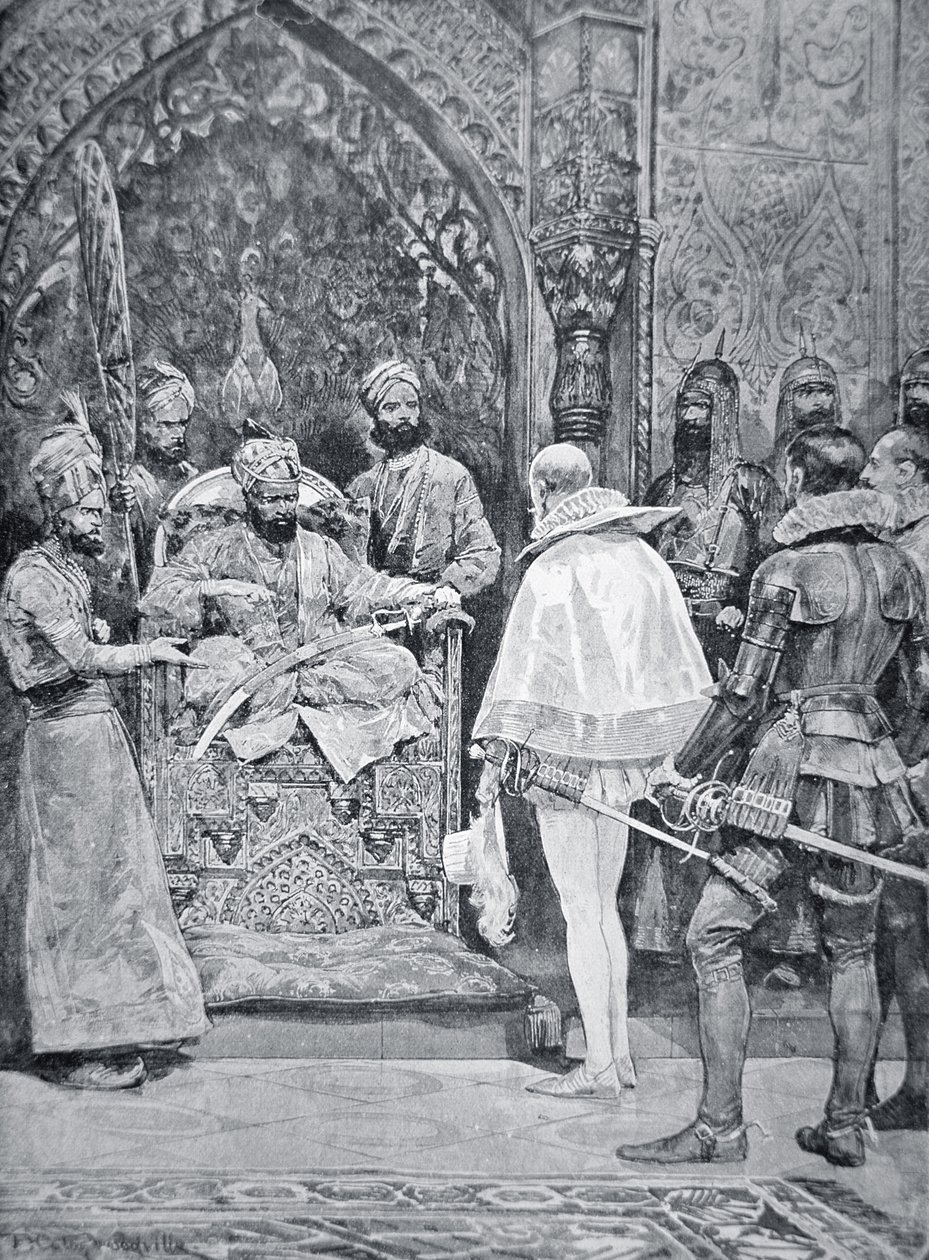 阿克巴大帝于 1599 年接见伊丽莎白女王的大使（石版画） 作者 理查德·卡顿（之后）伍德维尔