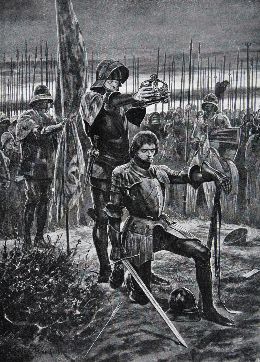 亨利七世在博斯沃思加冕，插图来自“国家历史”（石版画） 作者 理查德·卡顿二世（之后）伍德维尔