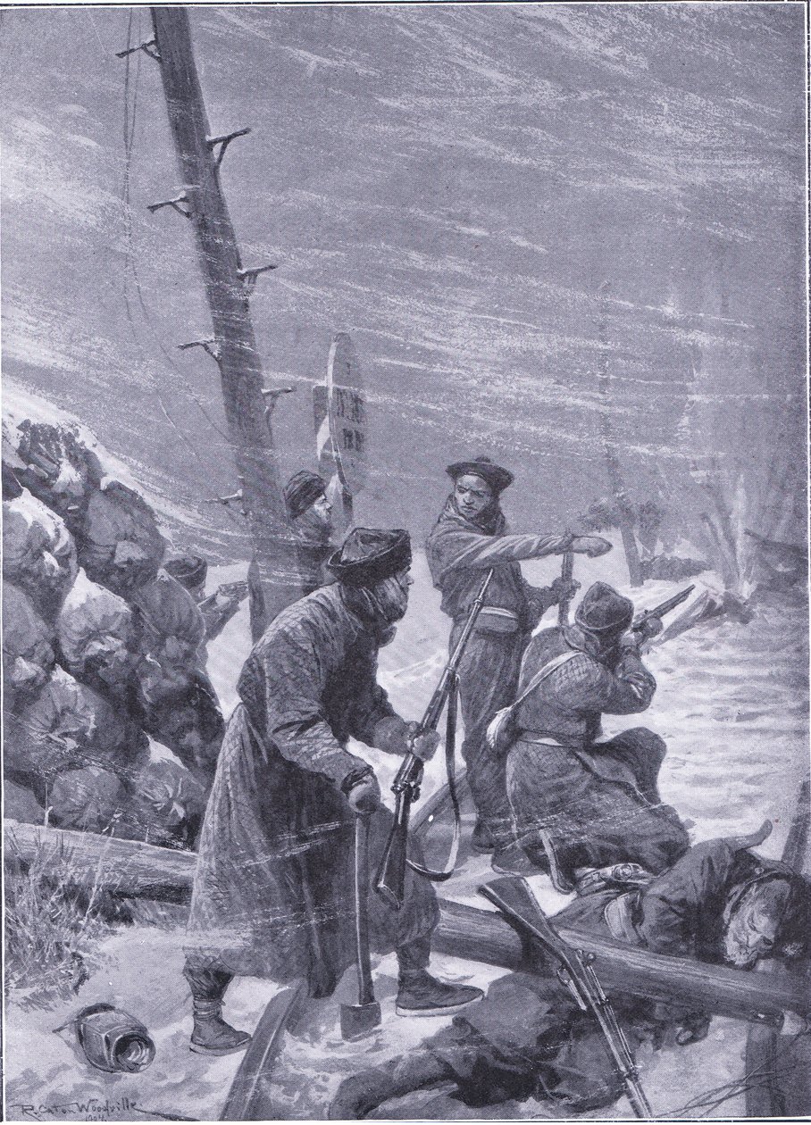 Chunchuses袭击铁路，插图来自日本战争的第1卷，c.1900Cassells的历史 作者 理查德·卡顿·伍德维尔