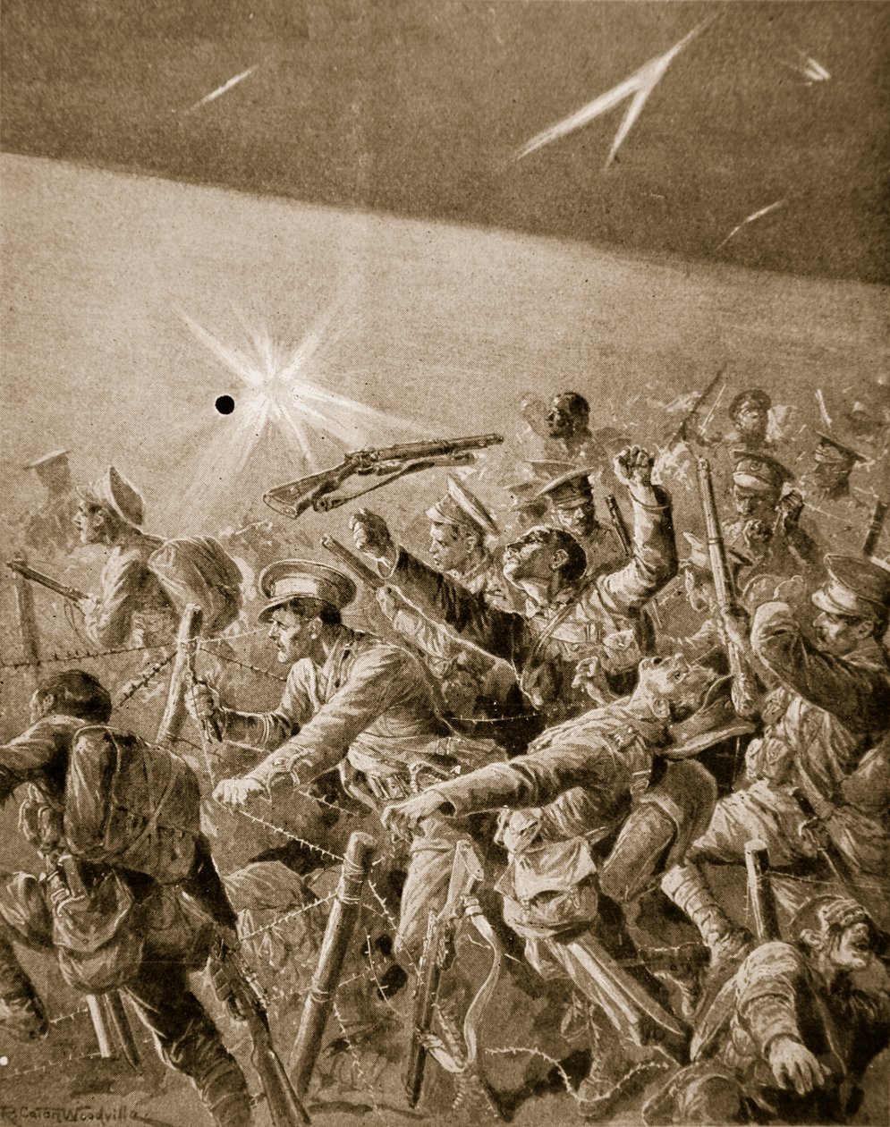 1914年至1919年，英国步兵穿越德国的铁丝网纠缠 作者 理查德·卡顿·伍德维尔