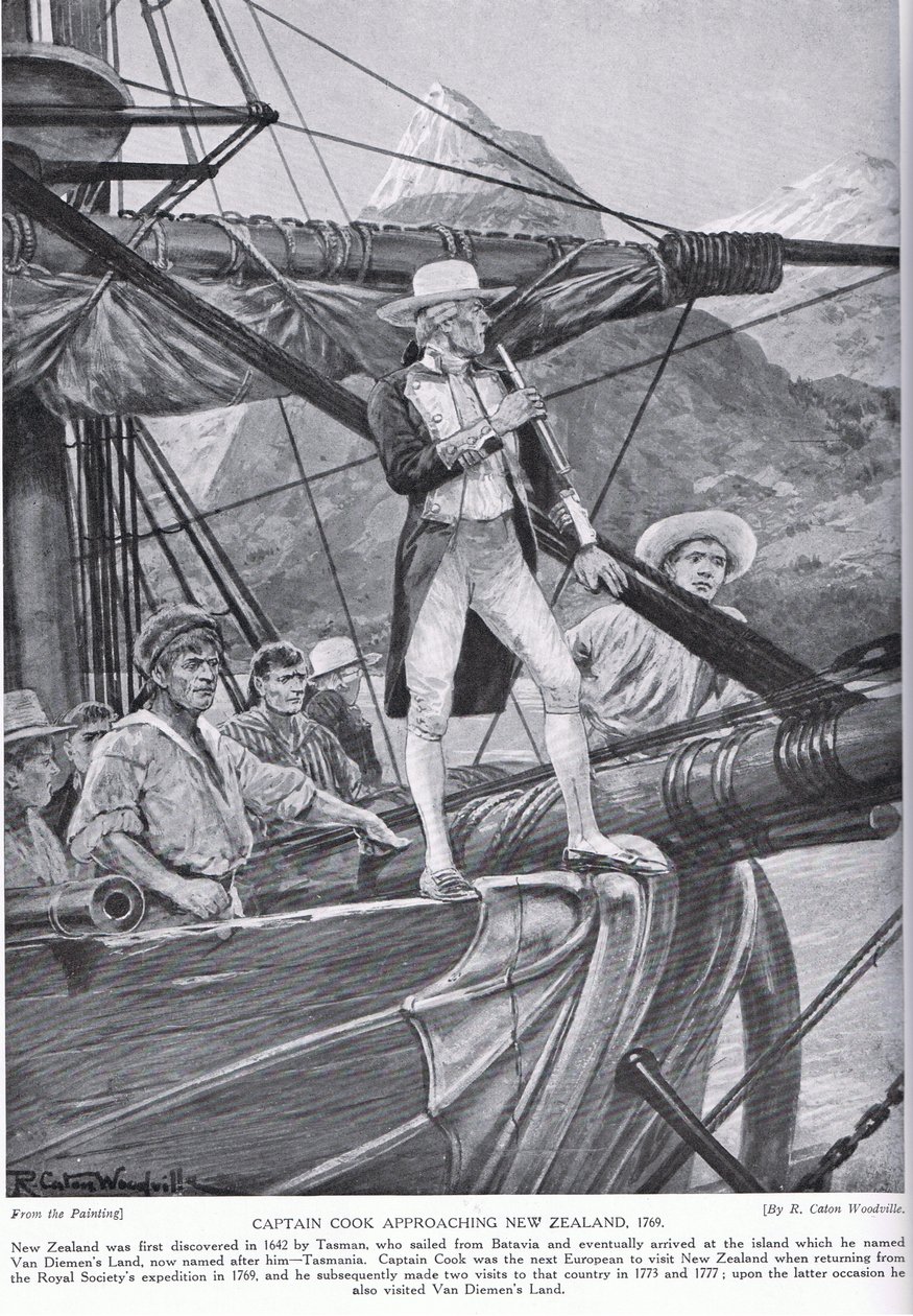 库克船长接近新西兰，插图来自&39;哈钦森的英国民族故事&39;，c.1923 作者 理查德·卡顿·伍德维尔