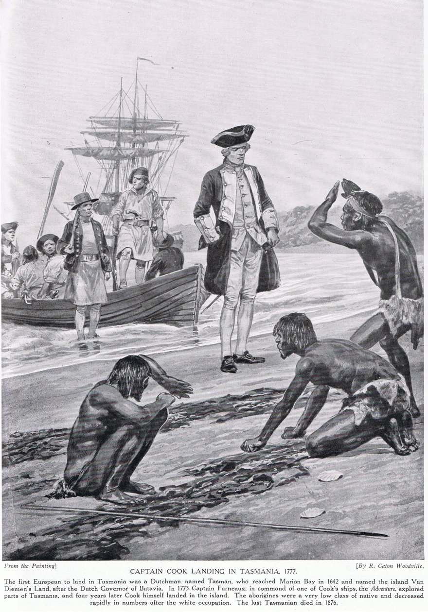 库克船长于1777年登陆塔斯马尼亚，插图来自&39;哈钦森的英国民族故事&39;，c.1923 作者 理查德·卡顿·伍德维尔