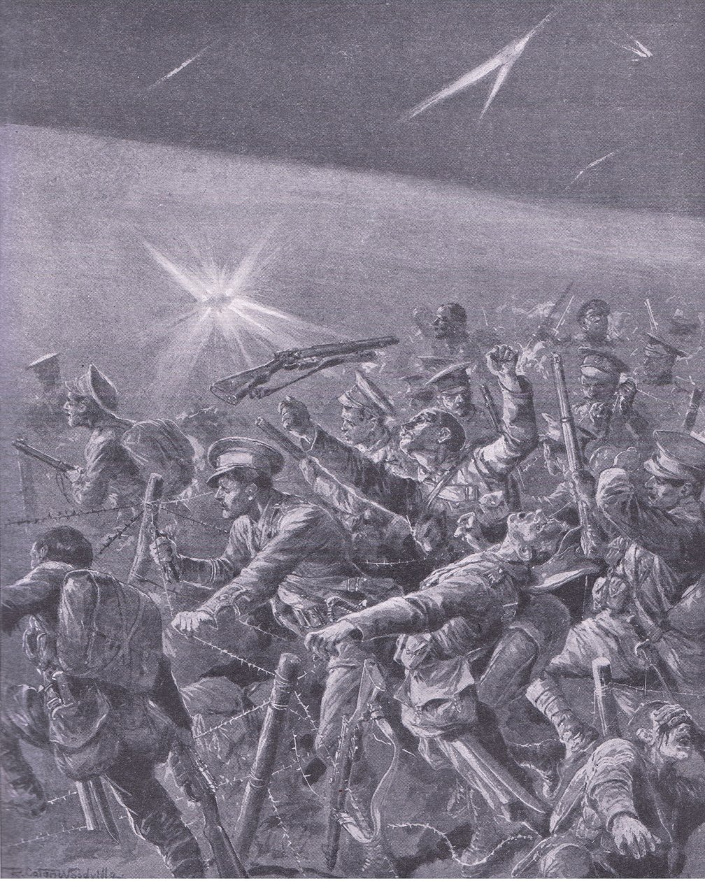 陷入铁丝网纠缠：英国步兵的夜袭，来自Waverley Book Co Limited出版的“战争史”第3卷，c.1920 作者 理查德·卡顿·伍德维尔
