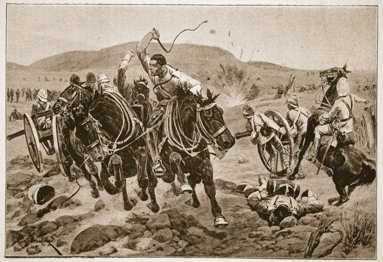 野战炮兵开始行动，插图来自&39;十九世纪的战役，卷。六：1899年至1900年的布尔战争&39;由阿奇博尔德福布斯，GA Henty和主要亚瑟格里菲斯 作者 理查德·卡顿·伍德维尔