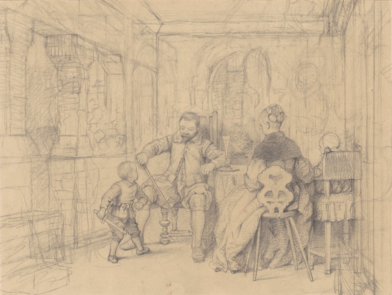 击剑课，c.1847-49（编织纸上的石墨） 作者 理查德·卡顿·伍德维尔