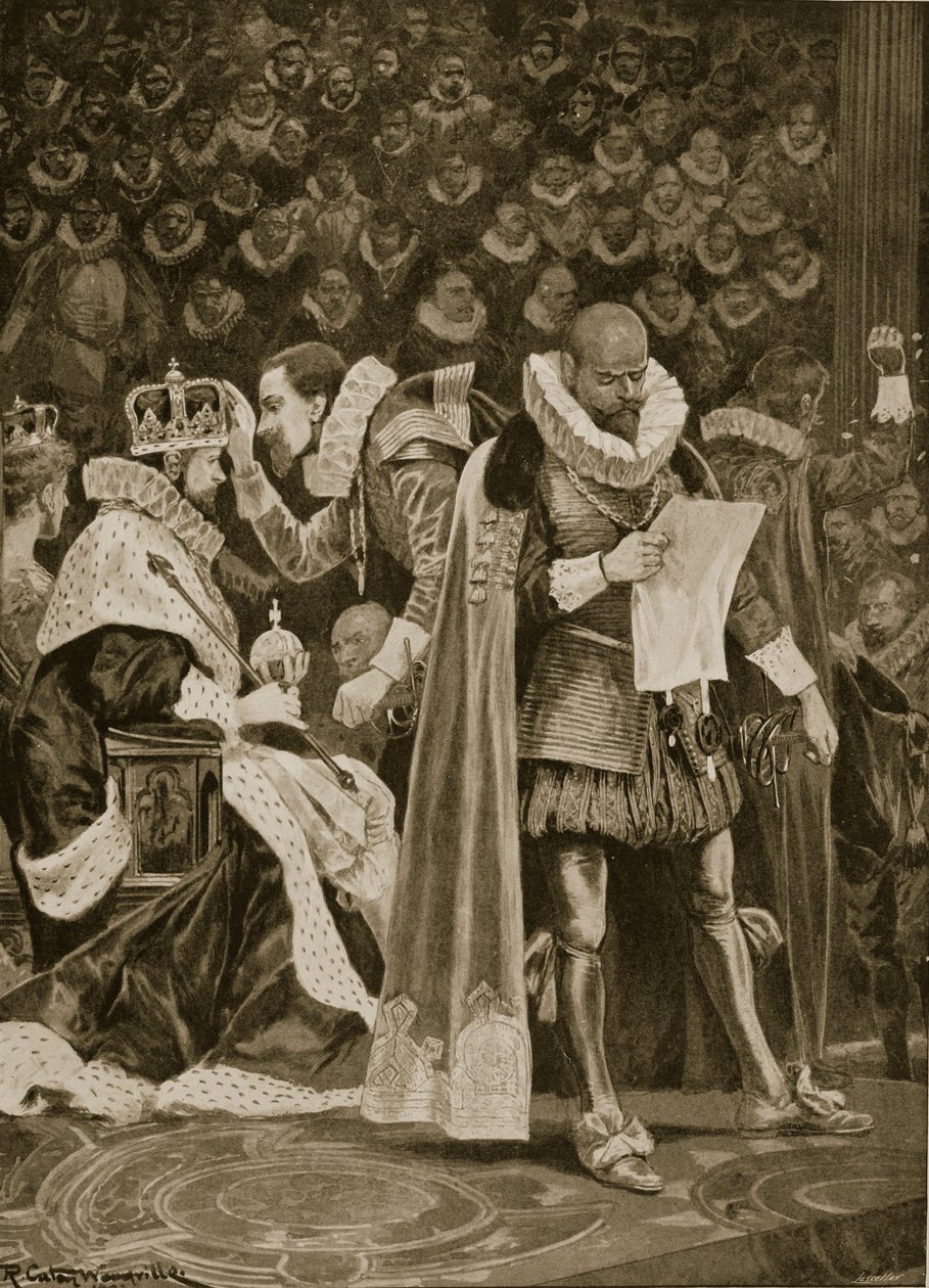 1603年7月25日詹姆斯一世与丹麦安妮加冕的尊敬，拉格斯和普拉尔赦免，来自“伦敦新闻画报”，1902年 作者 理查德·卡顿·伍德维尔