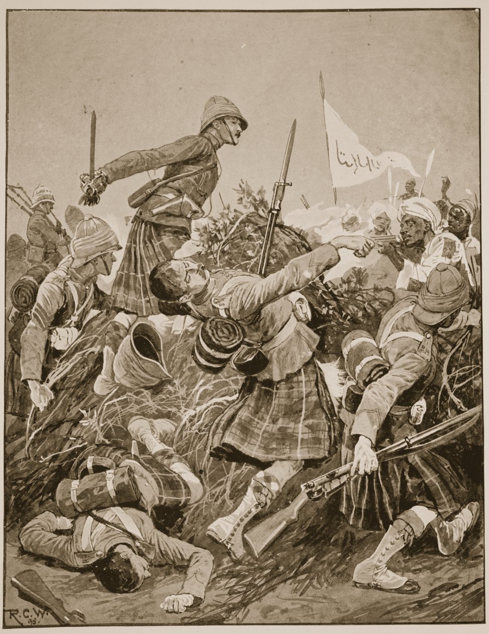Seaforth Highlanders在Atbara战役中攻击zareba，插图来自“十九世纪战役”Vol。 V：九十年代的竞选活动，由A. Hilliard Atteridge撰写 作者 理查德·卡顿·伍德维尔