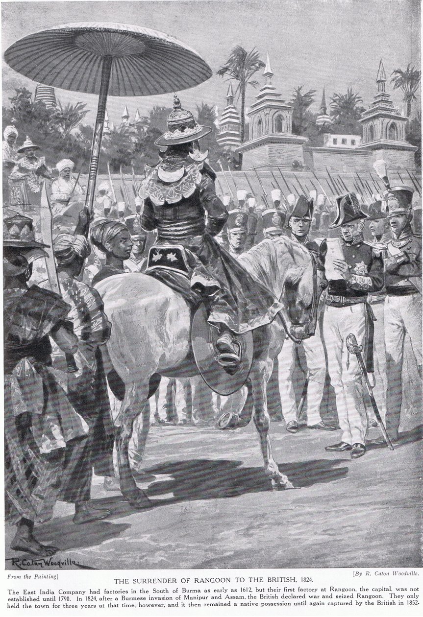 1824年仰光向英国投降，插图来自“哈钦森的英国民族故事”，c.1923 作者 理查德·卡顿·伍德维尔