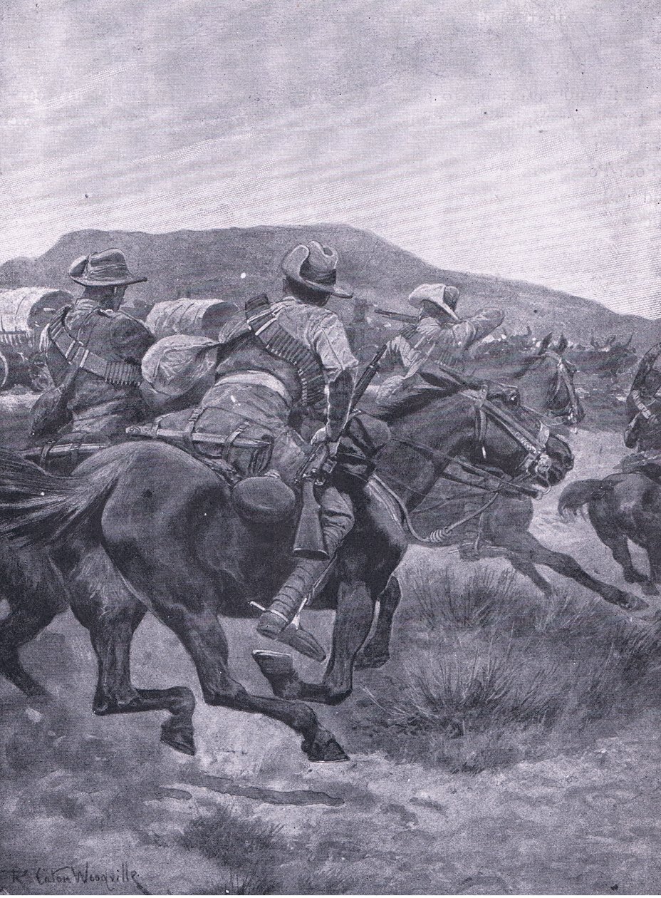 Yeomanry攻击De Wets后卫和运输，来自比勒陀利亚之后：The Guerilla War由Harmsworth Bros Limited出版，1901年 作者 理查德·卡顿·伍德维尔