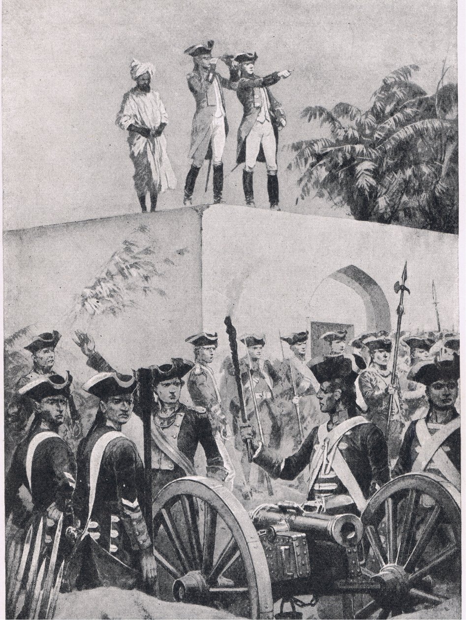 普拉西战役，1757年6月23日：克莱夫在Nawab Surat-ud-Daulas狩猎小屋的屋顶上，1915年英国陆地和海上战役的插图 作者 理查德·卡顿·伍德维尔初级