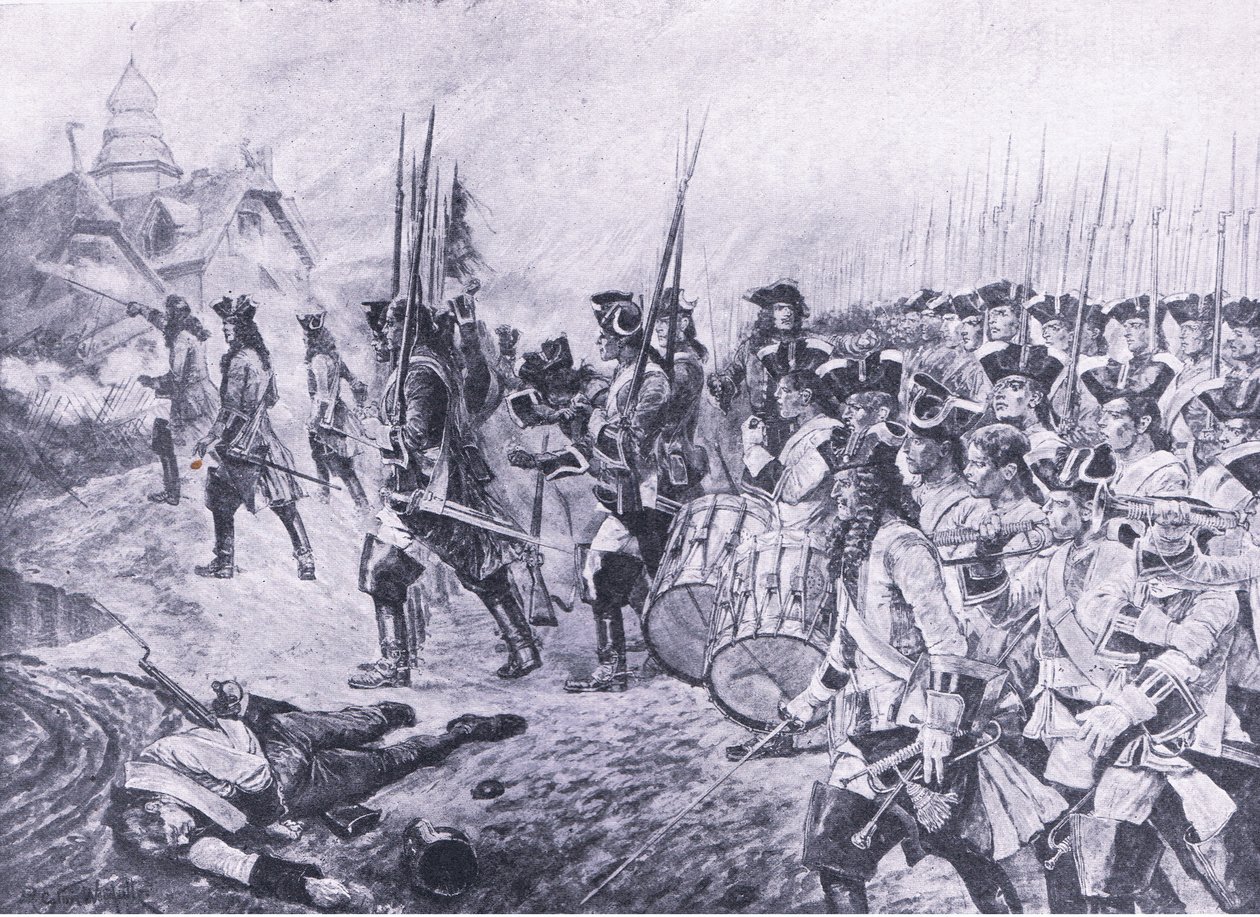 布伦海姆，1704年8月13日：村庄的风暴，1915年英国陆地和海上战役的插图 作者 理查德·卡顿·伍德维尔初级